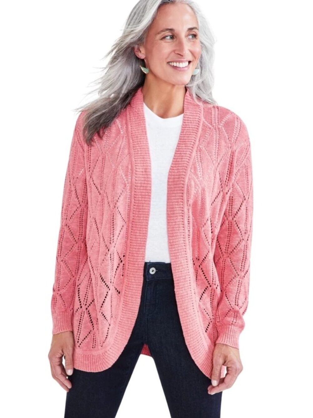 Style & Co Womens Petite Open Stitch Long Sleeve Cardigan Pink Size PS NWT
